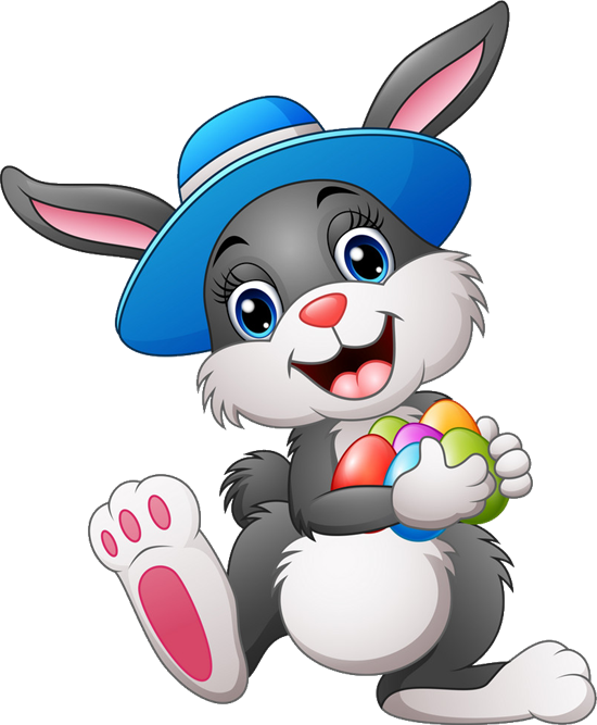 White and grey Easter bunny wearing a blue hat, holding colourful Easter eggs.